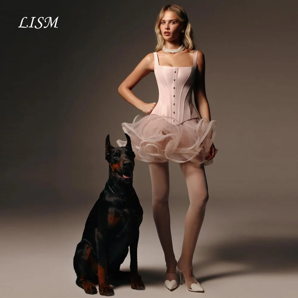 LISM Lovely Pink Mini Evening Dresses Satin Tulle Silk A-Line Cocktail Gowns Customized Sexy Sweet Prom Gown robe de soirée