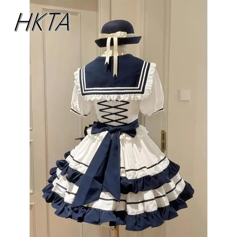

Lolita Sweet Cute Navy Collar Short Sleeve Dress Women Summer New Lace Bow A Line High Waist Ruffle Cake Dress College Style
