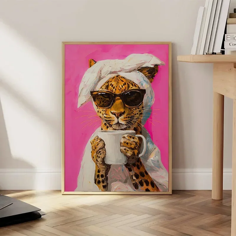 Modern Animal Leopard Drinking Coffee Prints Canvas Painting Colorful Dopamine Posters for Living Room Wall Art Home Decoration