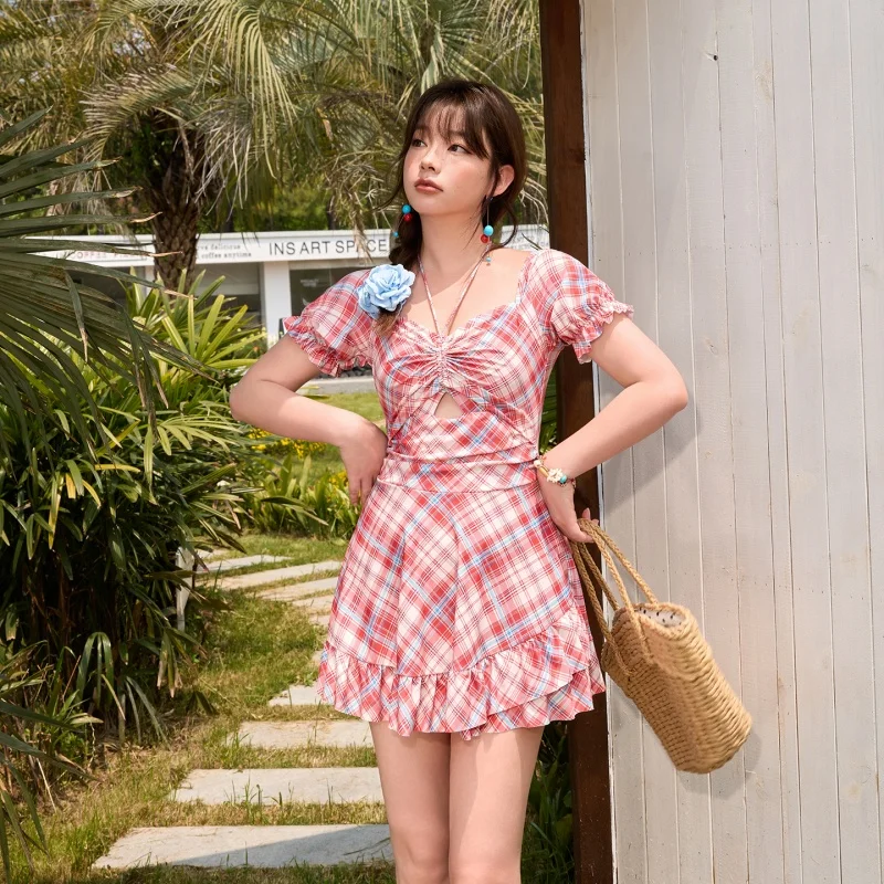 2026 Plus Size Swim Dress One Piece Swimsuits Tankinis Women Halter V NeckTummy Control Beachwear for Summer Vacation Pool Party