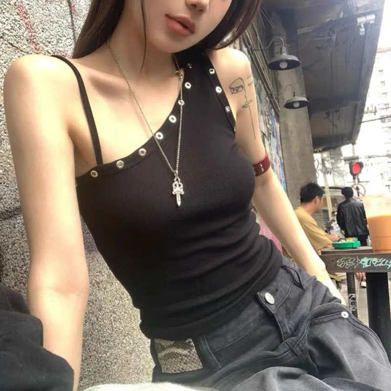 Lucyever Black Sexy One Shoulder Vest Tops Women Streetwear Ribbed Sleeveless Slim Fit Tank Female Y2K Grunge Punk Crop Tops