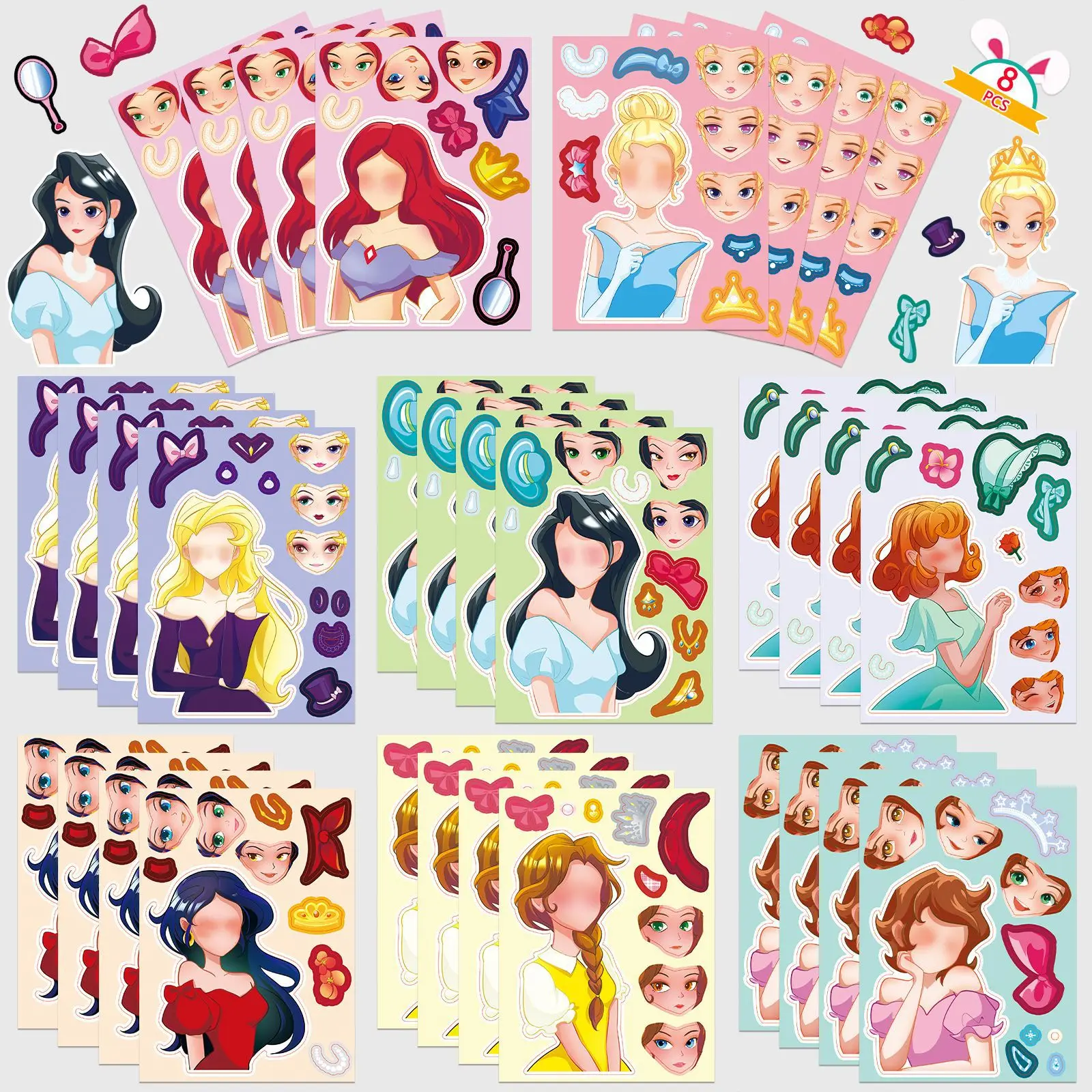 8/16 fogli Principessa dei cartoni animati Crea una faccia Adesivi puzzle I bambini rendono il tuo gioco fai da te Regalo giocattolo educativo puzzle per bambini