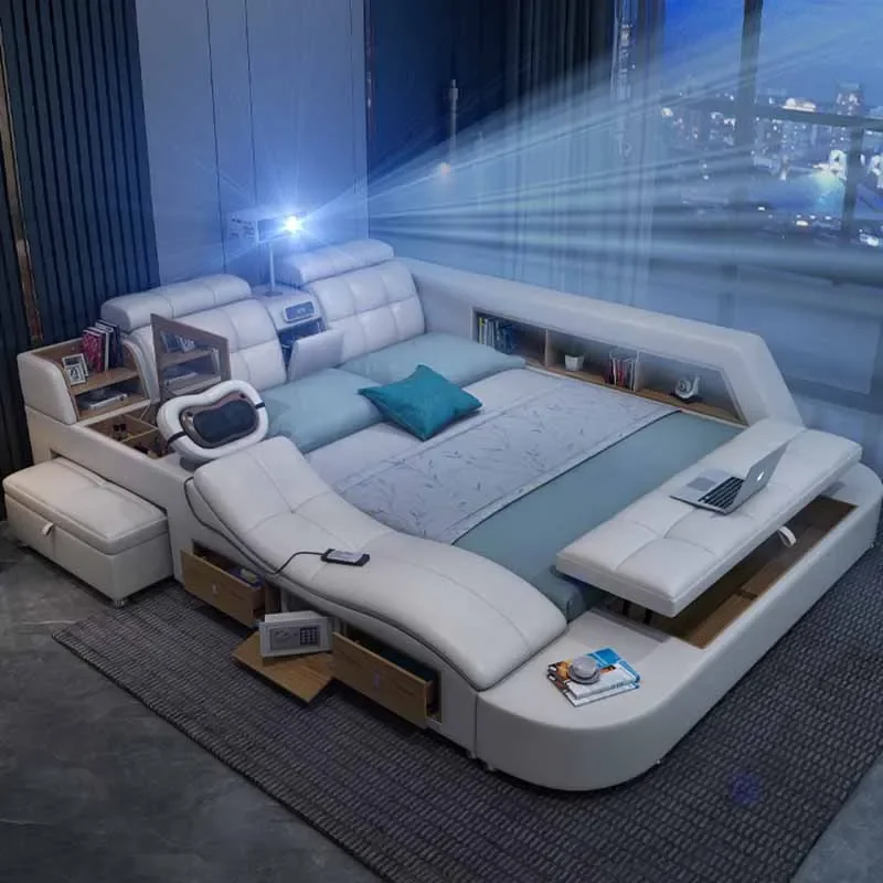 

Loft Designer Double Bed Nordic Headrest Storage Floor King Double Bed Smart Multifunctional Cama Inteligente Bedroom Furniture