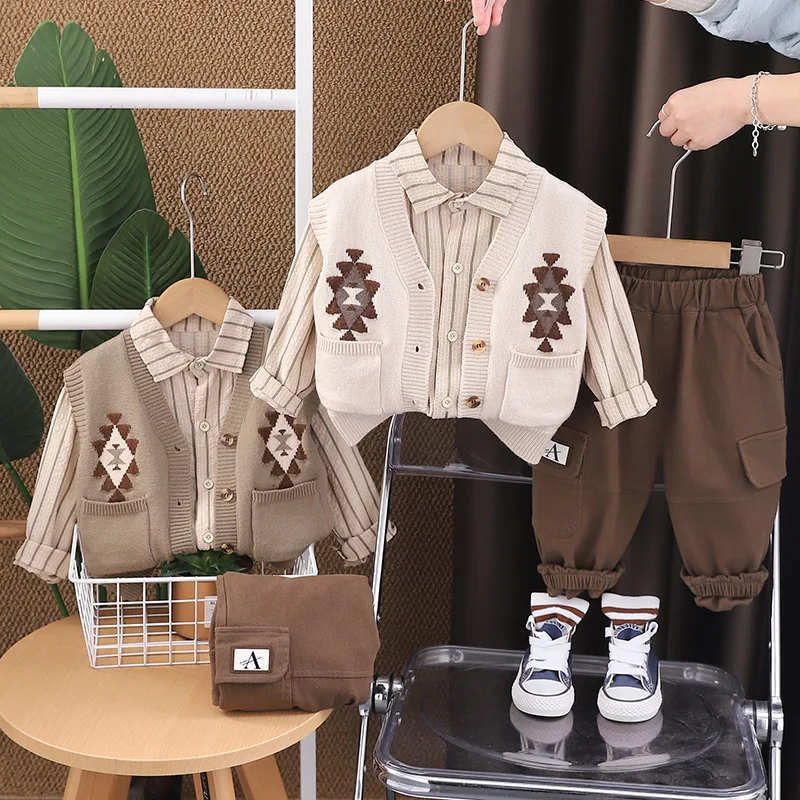 

Boys Clothing Sets Spring Autumn Children Woolen Jersey Sweaters Vest Shirts Pants 3pcs Casual Suit For Baby Tracksuits Kids 5Y