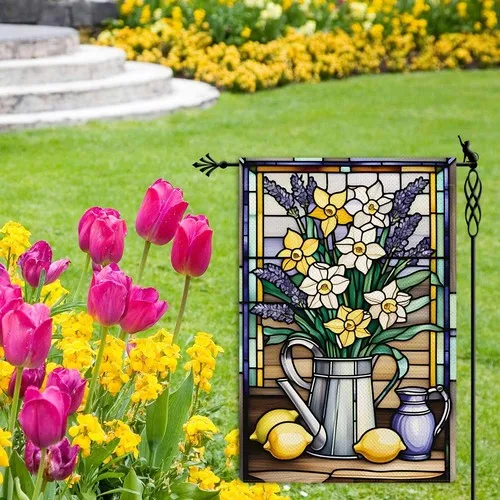 Daffodil Lavender Garden Flag Stained Glass Style Spring Summer Floral Flower... OOV IIC