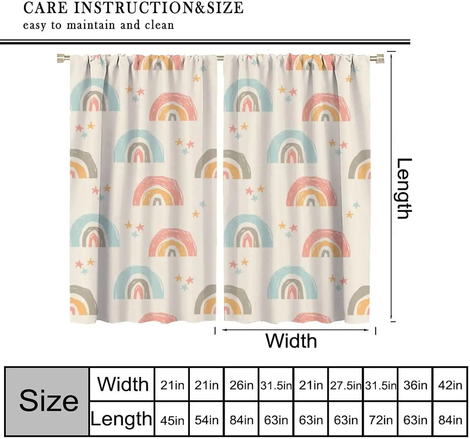 Sketch Pastel Rainbow Curtain 2 Panels,Hand Painted Rainbow Star Cream Print,Curtains for Infant Room Minimal Kids Decor Curtain