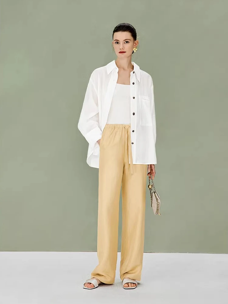 

Ningxia jian Crtsmanip Gold Tone Linen Luxury Vintage Sle Dstring Straight Casual Pants Women's Faion