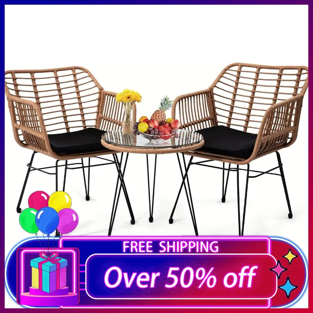 

3 Pieces Wicker Patio Bistro Furniture Set, Includes 2 Chairs and Glass Top Table, Ideal for Porch, Outdoor, Backyard, Apartment