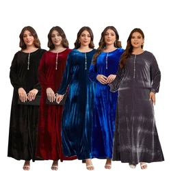 Women Solid Color Vintage Elegant Velvet Maxi Dresses Autumn Winter Fashion O Neck Long Sleeves Loose Abayas Muslim Dubai Gowns