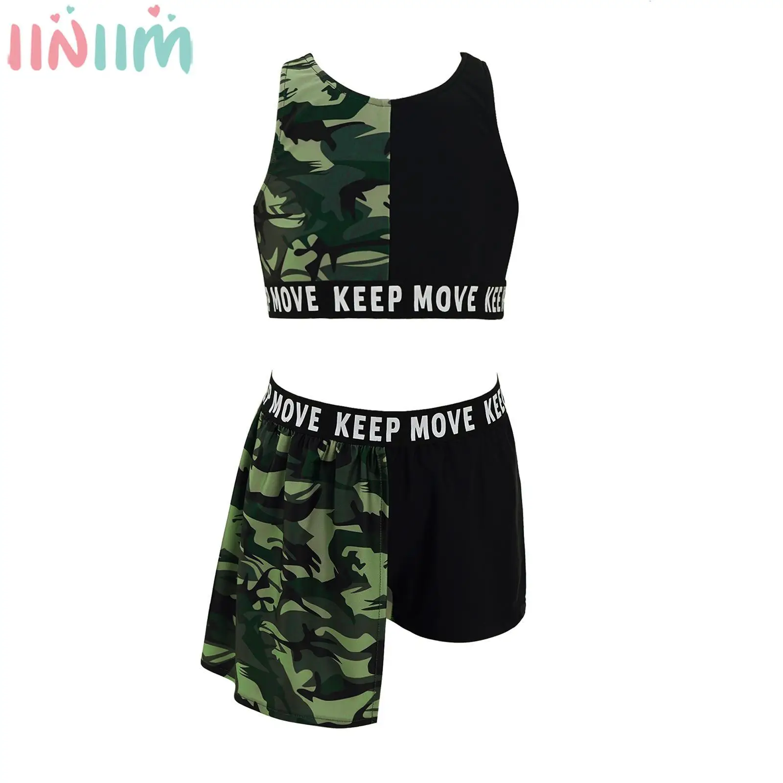 

Summer Girls Camouflage Sportswear Set Sleeveless Racerback Letter Print Crop Top with Shorts Skirt for Dance Workout Running