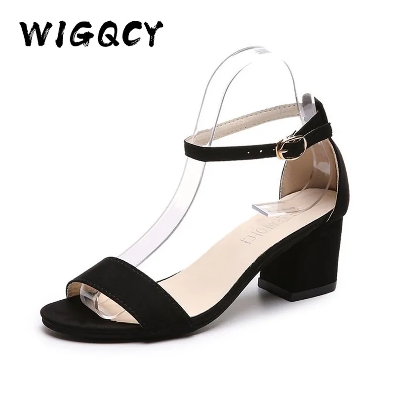 Open toe Suede Roman Square heel High heels sandals women 2019 summer shoes Fashion Sexy word Buckle Strap ladies shoes female