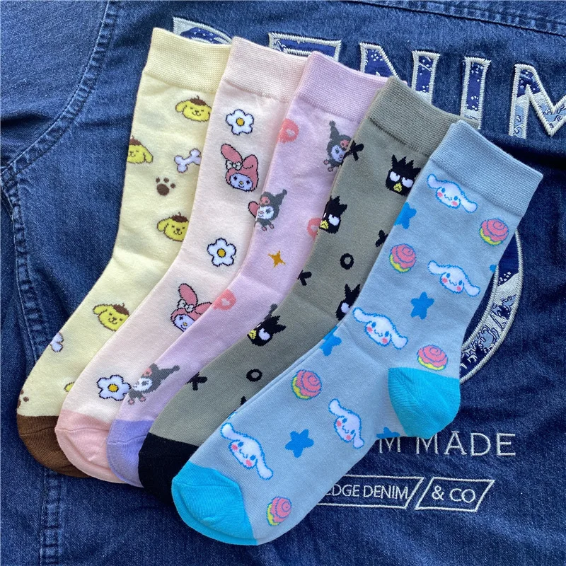 Fashion Sanrio Socks Kawaii Hello Kitty Kuromi Cinnamoroll Cartoon Kawaii Student Stockings Cute Girls Cotton Home Warm Socks