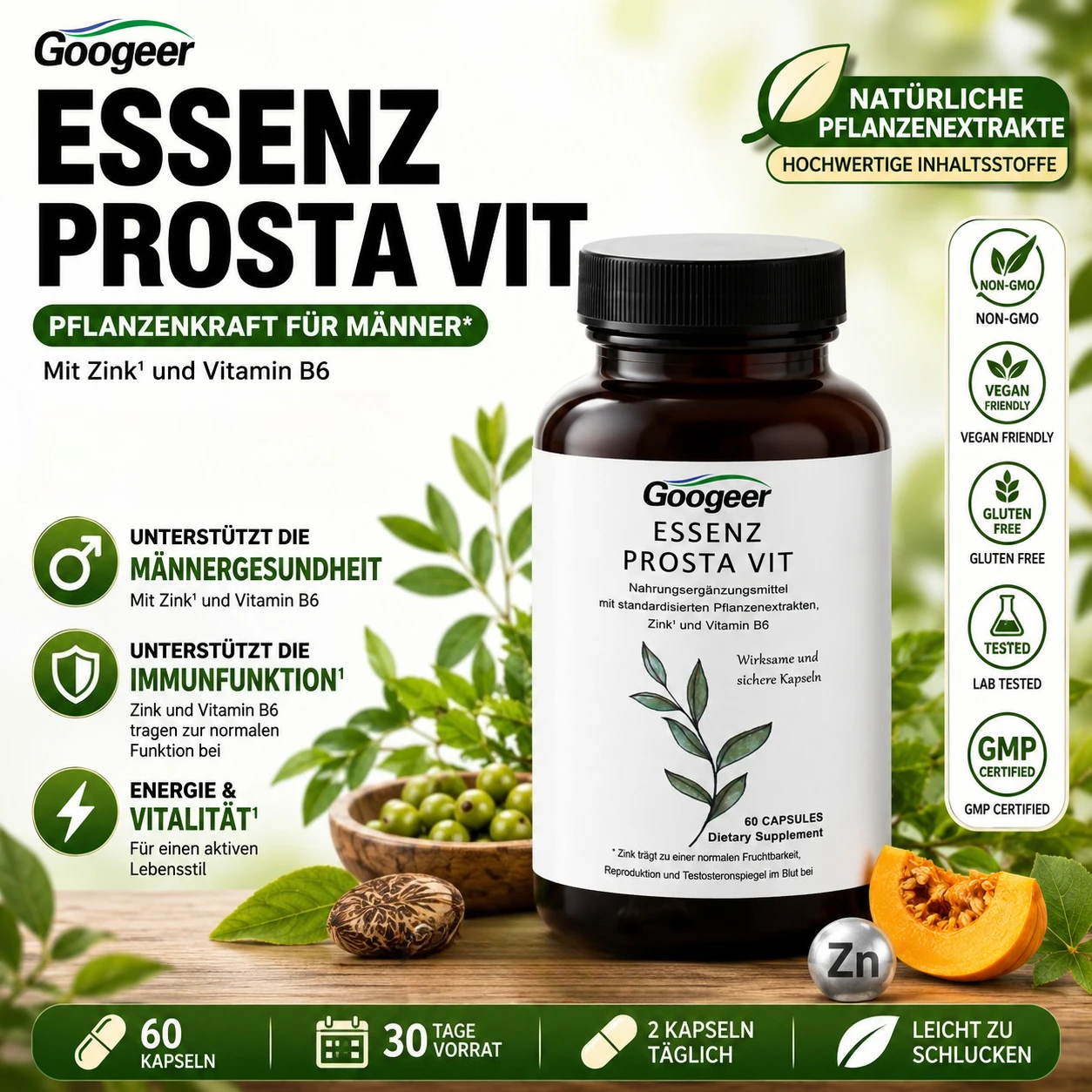 Cápsulas Prosta Vit Wellness para Hombre con Zinc, Vitamina B6, Saw Palmetto y Raíz de Ortiga para Apoyo a la Vitalidad, 60 Unidades