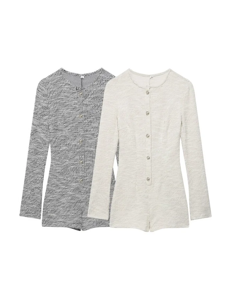 

2026 Women Summer Playsuit Jumpsuit Fashion Solid O-Neck Long Sleeve Buttons Female Elegant Street Overalls Rompers Clothing