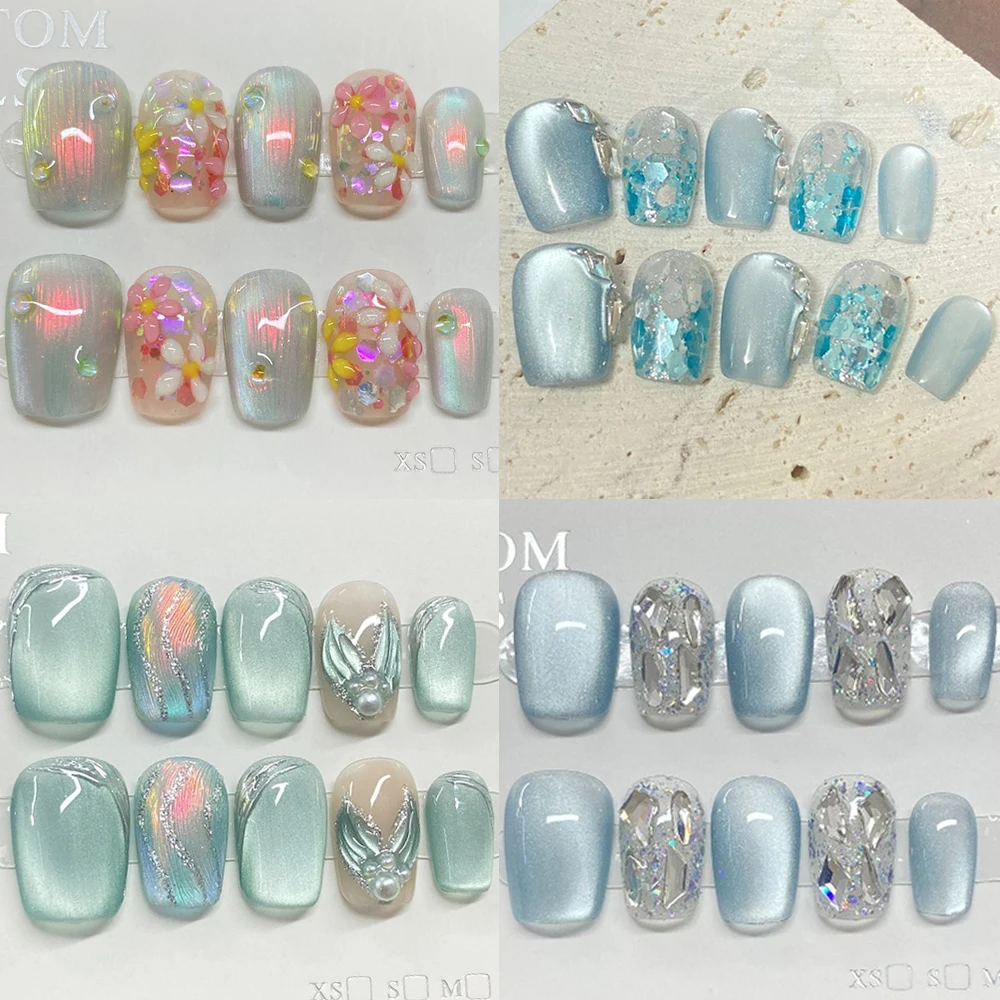 

10Pcs Cute Short Square Round Handmade Fake Nail Kawaii Cat Eyes Glitter Diamond Sequins Flowers Bow Wearable Press On Nail