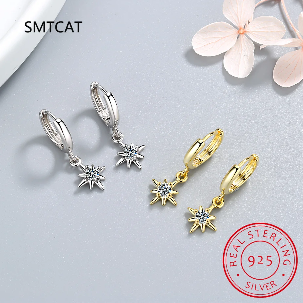 Real 925 Sterling Silver Shine Zircon Eight Pointed Star Hoop Earring For Fashion Women Punk Fine Jewelry 18k Gold Accessories