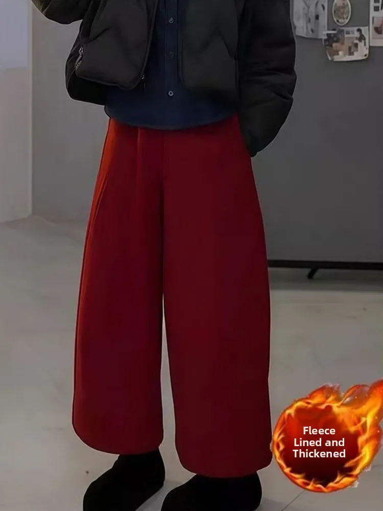 Rode Fce Gevoerde Verstewol Wijde Pijpen Broek Dames Winter Nieuwe Sle Hoge Taille Rechte Cut Loose Fit Pendelen Faion