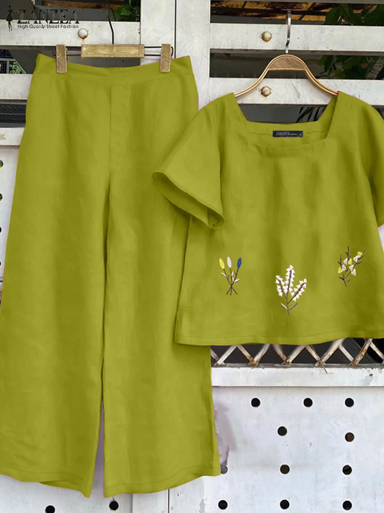 

2025 Summer Trousers Suit ZANZEA Fashion Women Matching Sets Square Neck Short Sleeve Blouse Pant Sets 2PCS Work Outfit Oversize