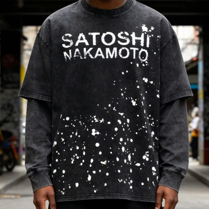 Handmade Ink Splashing Fading Letter Vintage Black SATOSHI Tshirts Hiphop Street Fake Two Piece Long Sleeve Men Women Shorts view 3