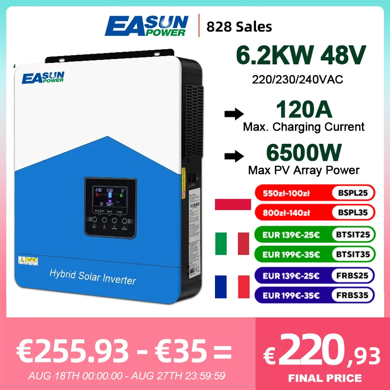 EASUN POWER 6.2KW 4.2KW Inverter solare ibrido 48V 230V 120A Controller caricabatterie MPPT doppia uscita PV 500V onda sinusoidale pura WIFI BMS