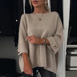 2024 Winter Fashion Button Loose Sweater Autumn Elegant O-neck Knitted Pullover Women Causal Long Sleeve Solid Color Jumper Tops