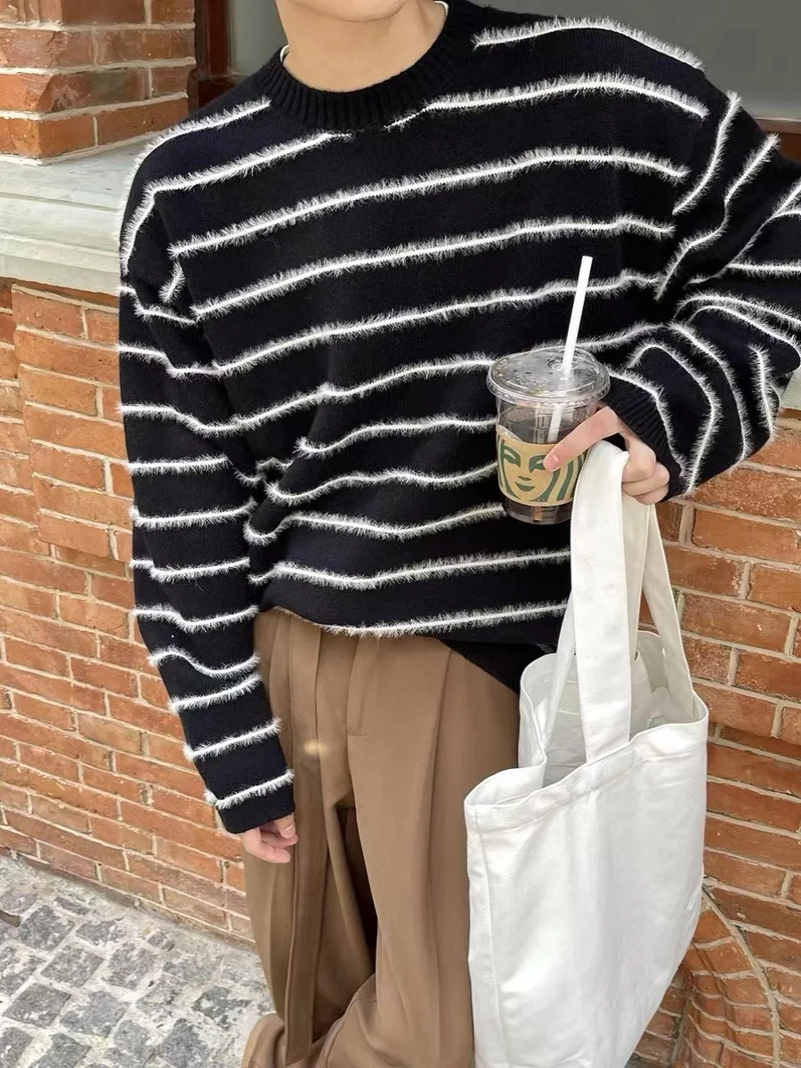 

Мужской вязаный свитер с круглым вырезом, повседневный, свободного кроя, с длинными рукавами, в полоску, осенне-зимний, модный, удобный, дышащий