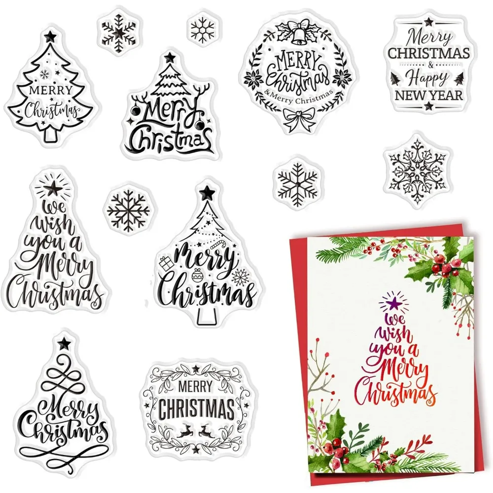 13PCS Merry Christmas Tree Clear Stamps Transparent Rubber Stamps Seal Snowflake Xmas Blessing Words for Card Making Decoration