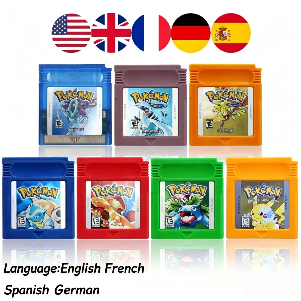 HOT USA ESP FRA GBC Pokemon Cartridge Bundle Red/Blue/Crystal/Gold/Silver/Yellow/Green Multilingual Pokemon Game Card GamingGift