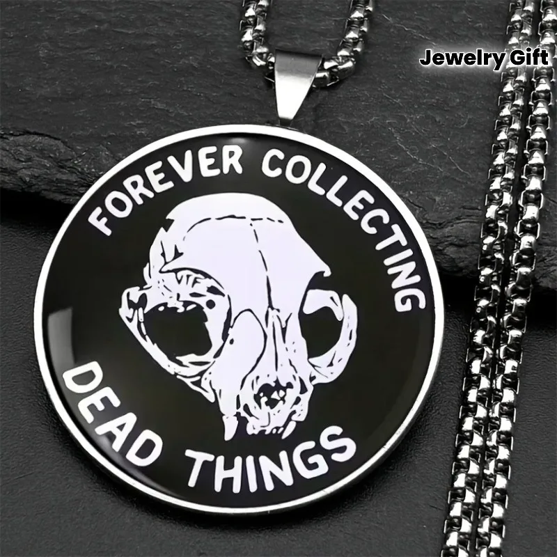 Gold Plated Round Skull Pendant Necklace Men Women Forever Collecting Dead Things Gothic Punk Statement Necklace