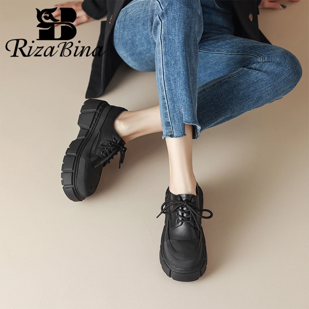 

RIZABINA Women Platform Loafers Cow Leather Lace-up Flat Slip On Chunky Heel Pumps Ladies British Style All-match Casual Shoes