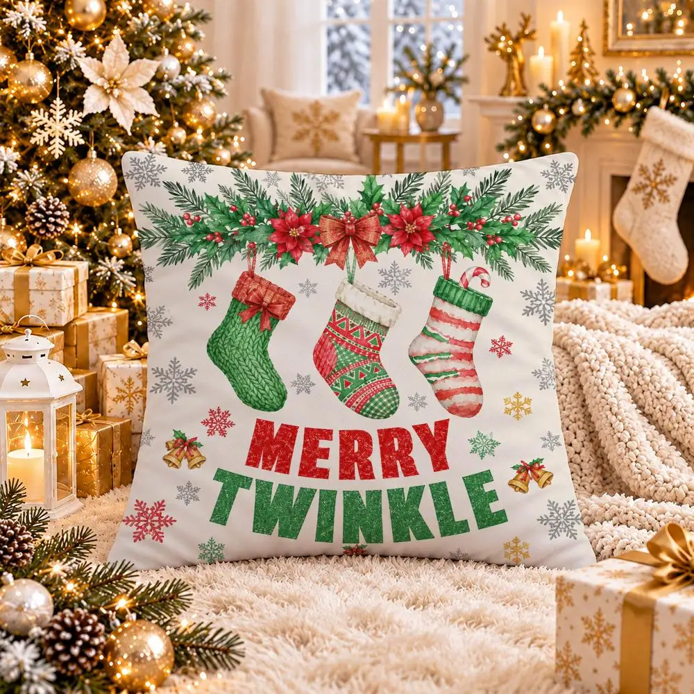 Christmas Red Socks Cushion Cover Short Plush Double-Sided Print Festival Pillow Case for Living Room Sofa Home Decor