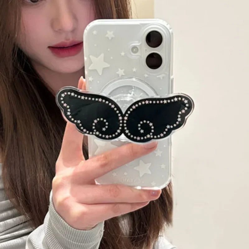 Koreanische Nette Cartoon Engel Flügel Für Magsafe Magnetische Telefon Halter Grip Tok Stehen Für iPhone 17 Samsung S25 Drahtlose Lade Fall