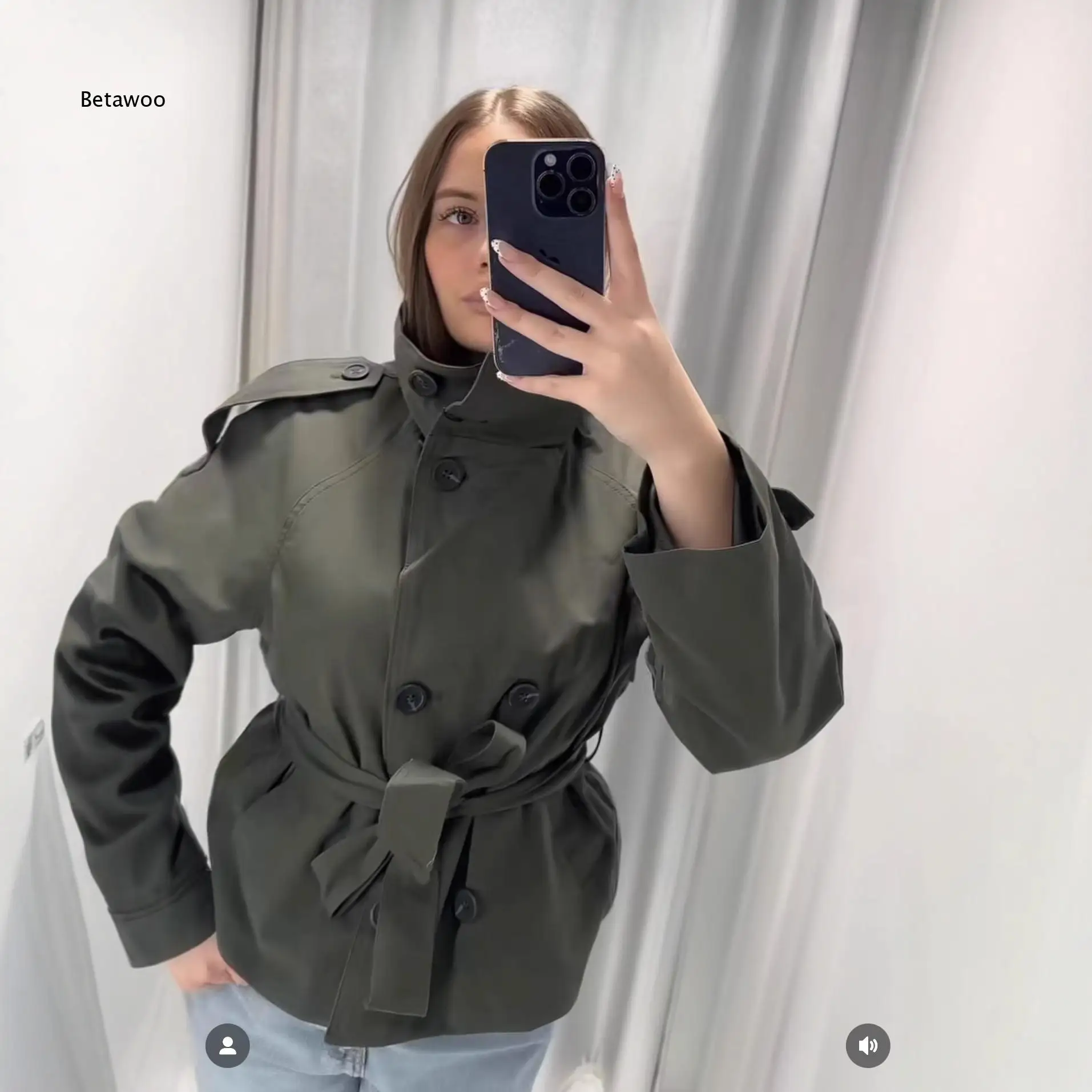 Womens Belted Waist Short Trench Outerwear Stand Collar Double Breasted Long Sleeve Epaulet Decoration Jacket For Outdoor