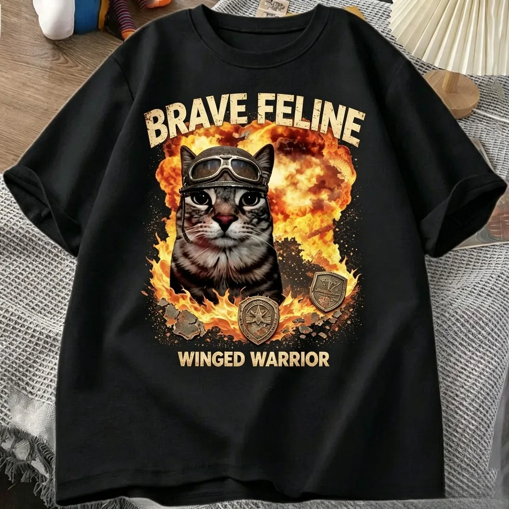 Brave Feline Winged Warrior Cat Graphic Men T-Shirt Vintage Military Animal Print Casual Short Sleeve Tee