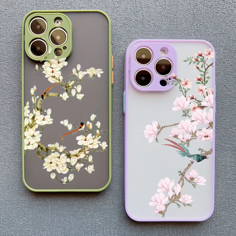 Birds Watercolor Painted Pattern Phone Case For iPhone 12 13 mini 17 16 11 14 Pro Max X XR XS 15 Plus Shockproof Flower Cover