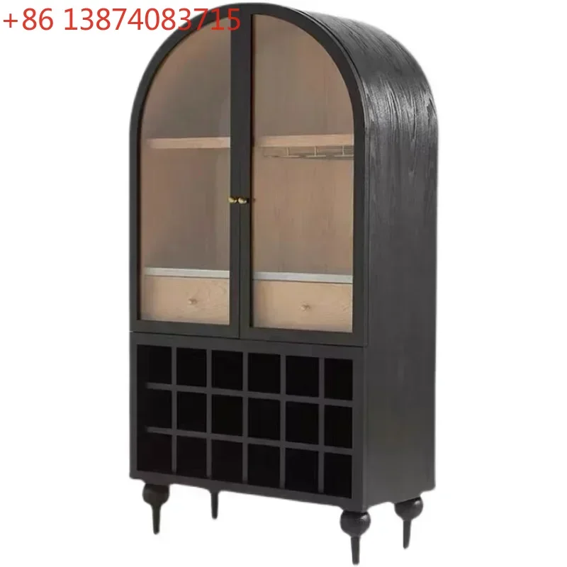 

N Solid Wood Vintage Wine Cabinet French Style Wall Arch Glass Door Sideboard Cabinet American Double Door Clothes Closet