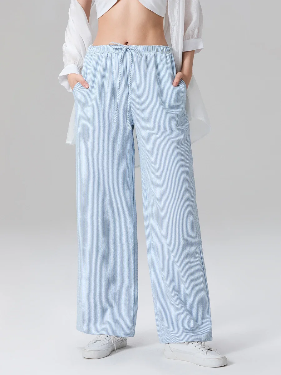 

y2k Female Pants Elastic Waist Drawstring Wide Leg Lounge Striped Pants Loose Fit Pajama Pants Trousers 2000s Streetwear