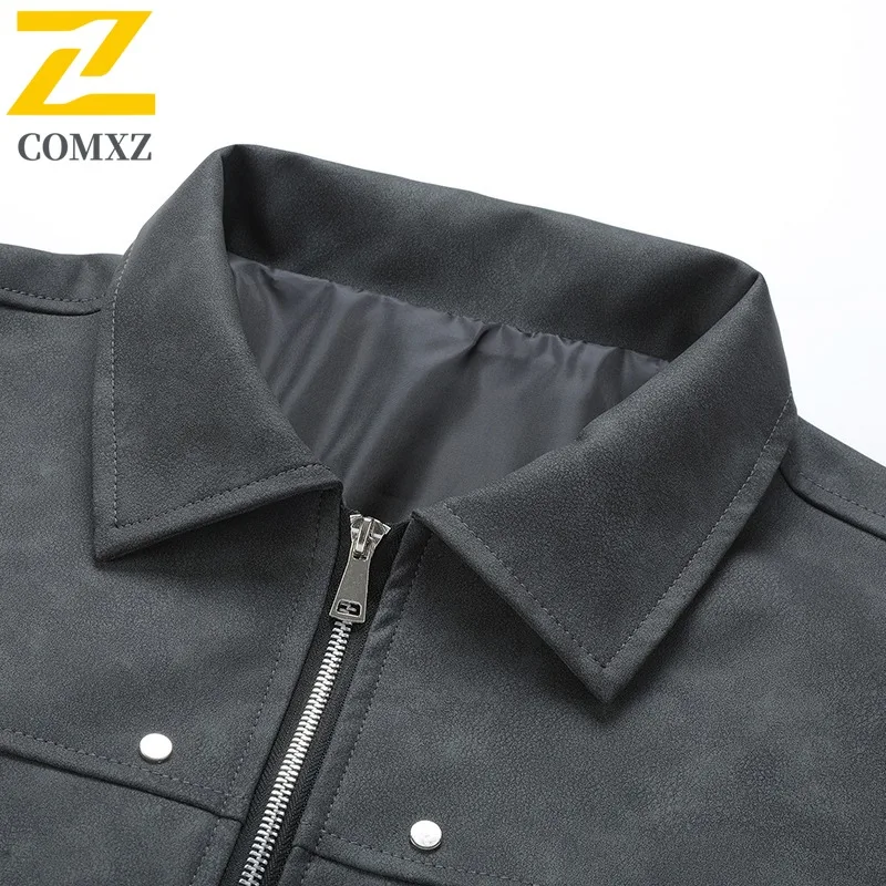 COMXZ الرجال بولي Leather سترة جلدية عادية الوقوف طوق التخييم يندبروف دراجة نارية معطف جلد المشي لمسافات طويلة خفيفة الوزن الخريف الملابس #5