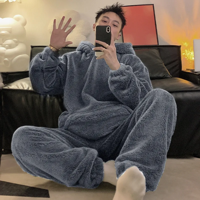 

Thickened Coral Fleece Pajamas Set Men's Winter Flannel Hooded Pullover Trousers Sleepwear Homesuit Outfits Loose Loungewear