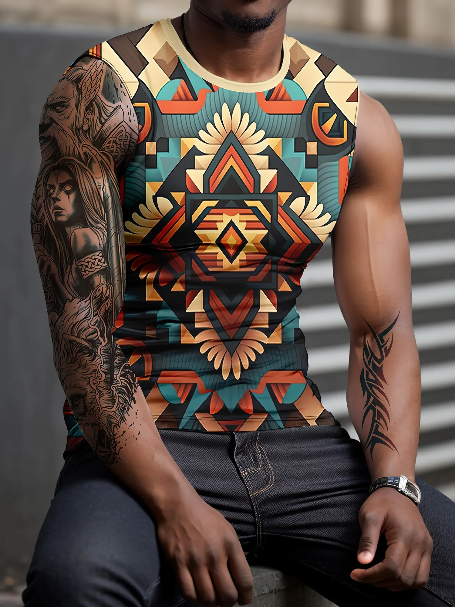 New Retro Men\'s Sleeveless T-shirt 3D Printed Spring/Summer Round Neck Sports Running Leisure Fitness Outdoor Polyester Tank Top