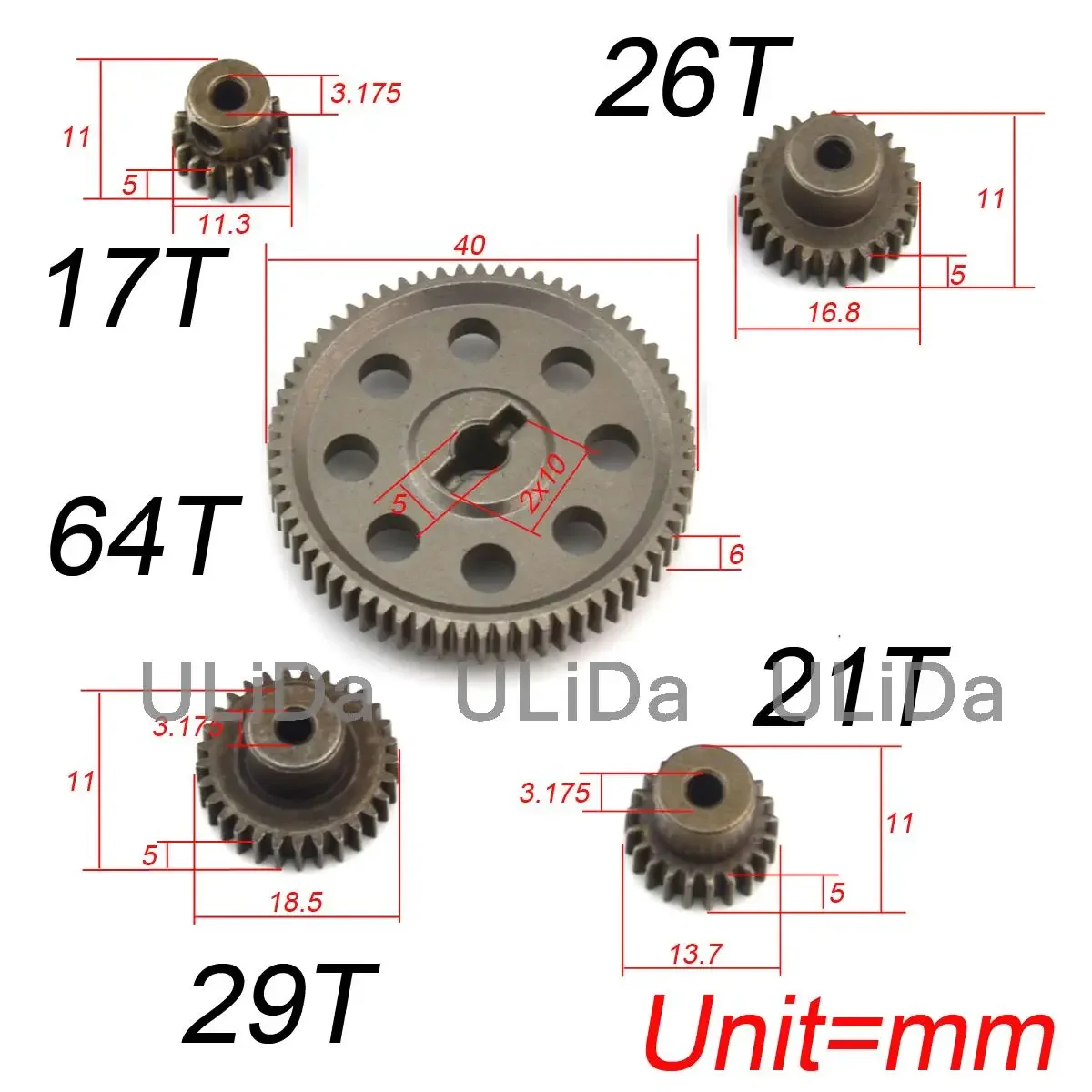 Metal Steel Spur Diff Differential Main Gear 64T Motor Pinion Gears 3.17MM 17T 19T 21T 23T 26T 11119 11181 11176 11189 HSP Car