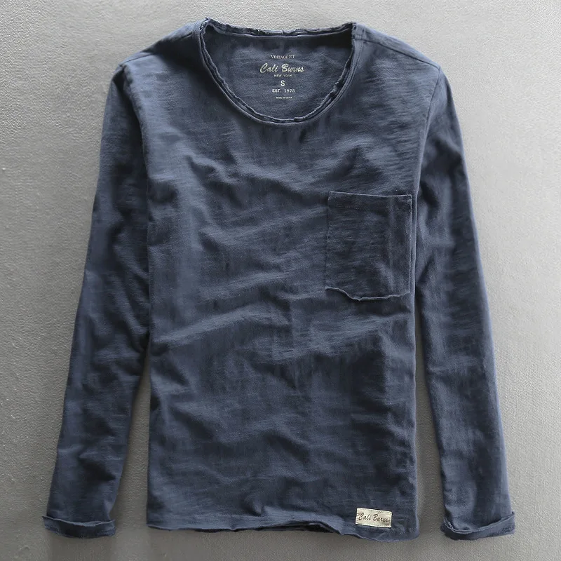 2026 new Fashionable Vintage Solid Bamboo Cotton Long Sleeve O-Neck T-Shirt Male Casual Thin Tops Tees Comfortable Tshirts