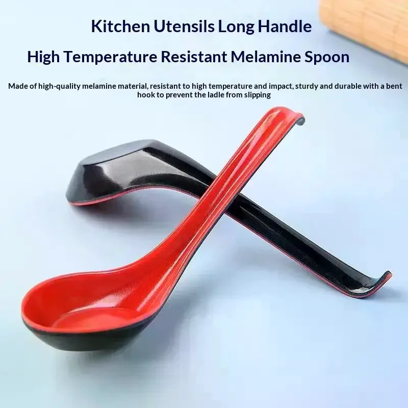 2PCS Long Handle Japanese Ramen Spoons Drop Resistant Melamine Red Black for Portable Travel Picnic Soup Serving