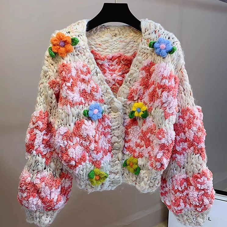 

Утепленный объемный вязаный кардиган-пальто для женщин, свободный крой, V-образный вырез, 3D-вязка крючком, осенне-зимняя новинка