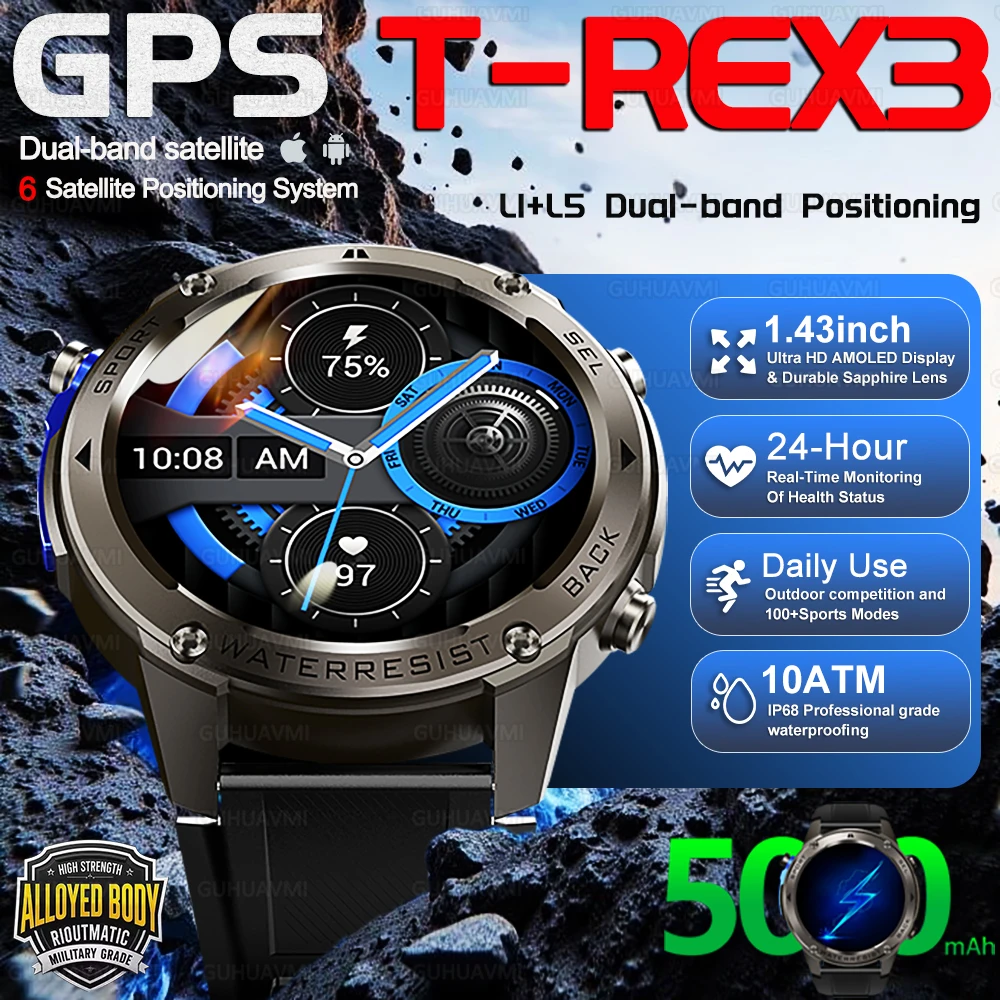 

2026New T-Rex3 Military GPS SmartWatch Swim 10ATM Waterproof Built-in Dual-band GNSS Compass 1.43"Screen Sport Smart Watche Men