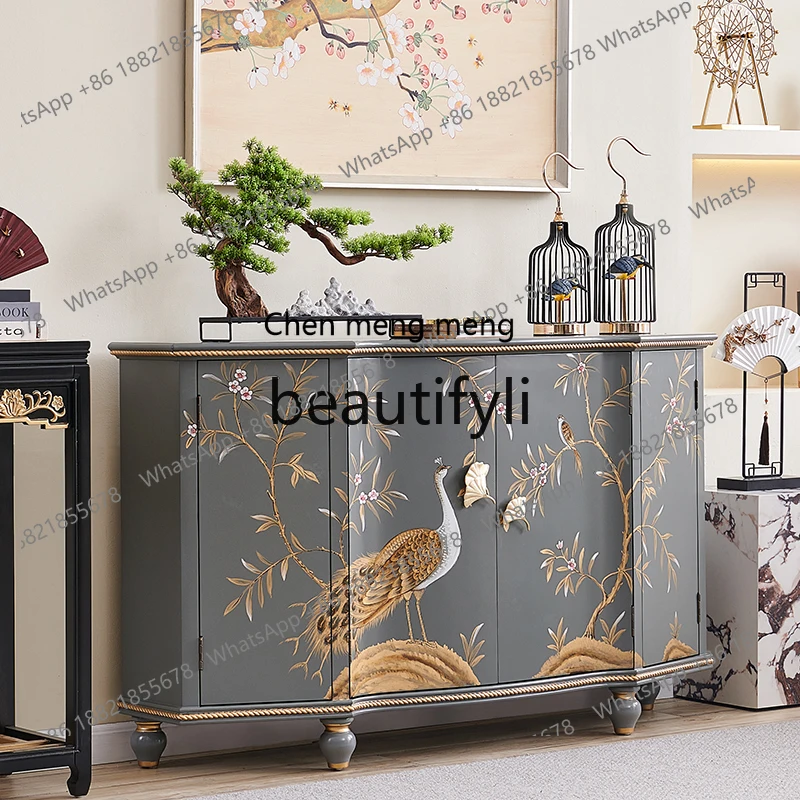 French modern light luxury mix and match style new Chinese painted peacock entry entrance entrance foyer dining side cabinet