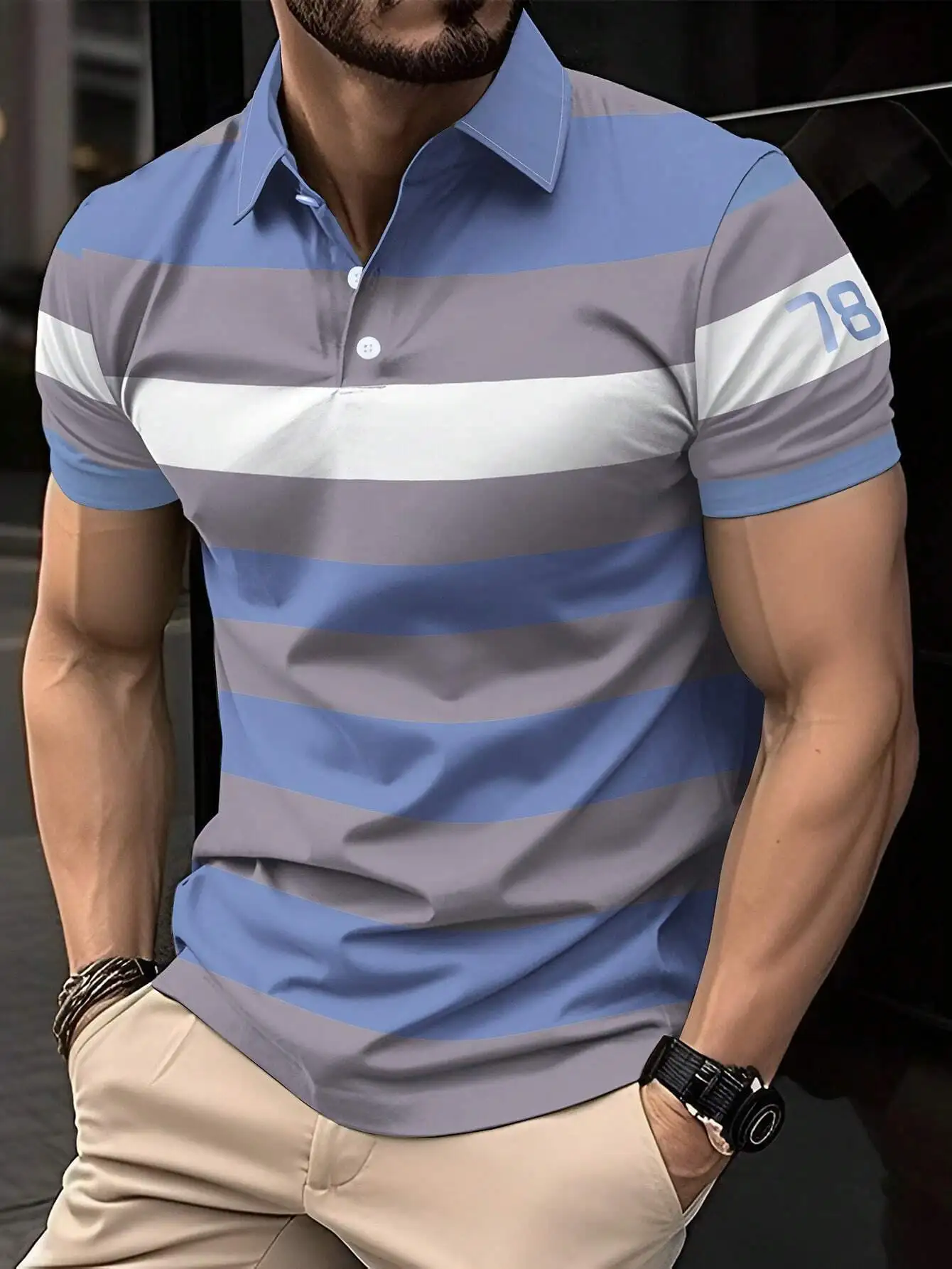

Men's Striped Casual Polo Shirt with Button Front, Short Sleeve, Summer Wear