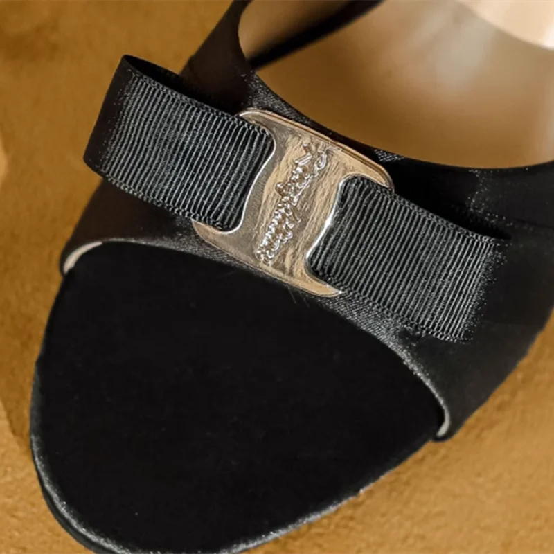 Lady Barefoot Casual Slides Metal Bow-Knot Silk Satin Thin High Heel Slides Front Open Toe Shoes 6cm Green Red Black Beige 45 9