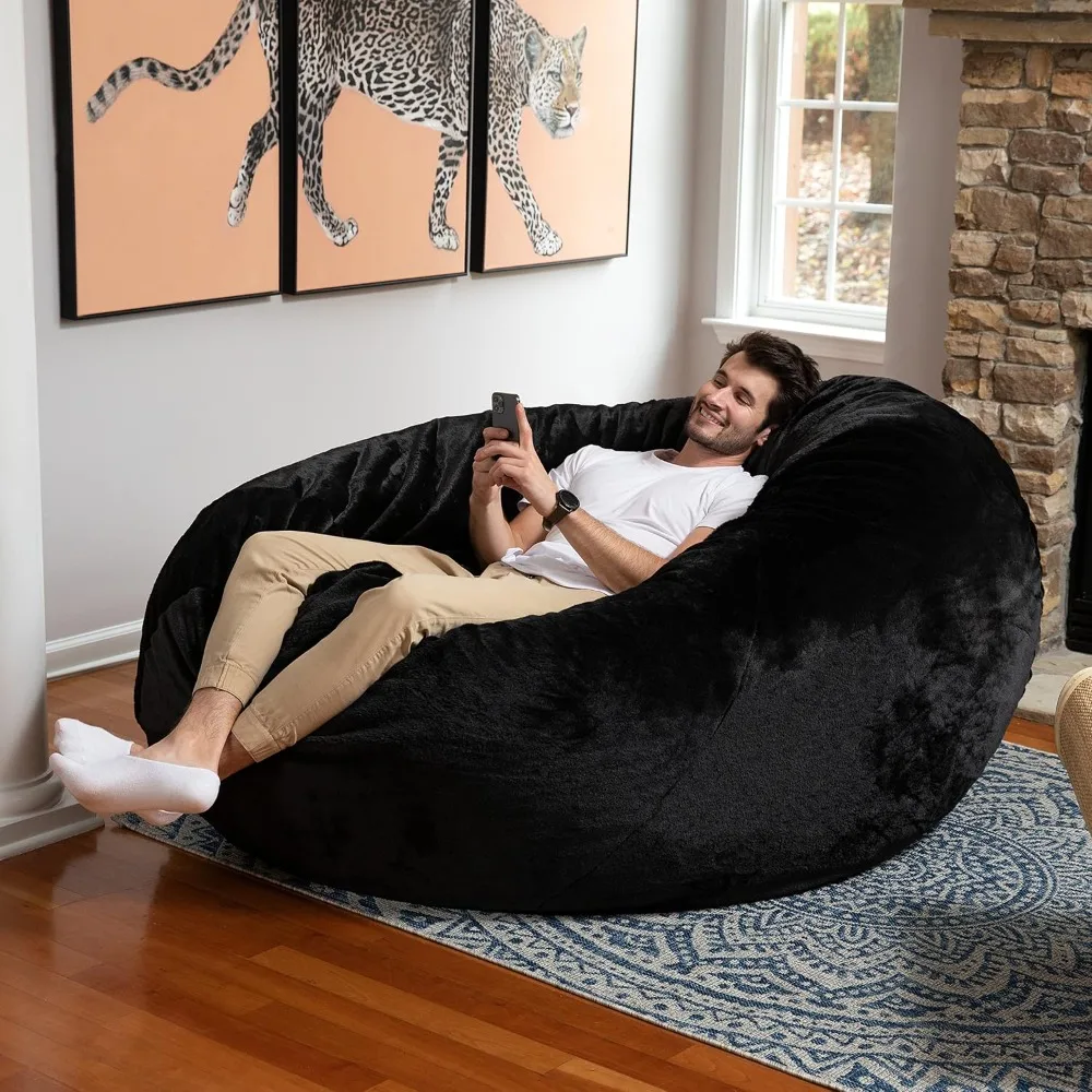 6 Foot Cocoon 2-in-1 Convertible Bean Bag Bed & Large Chair for Adults Faux Fur Black Rabbit