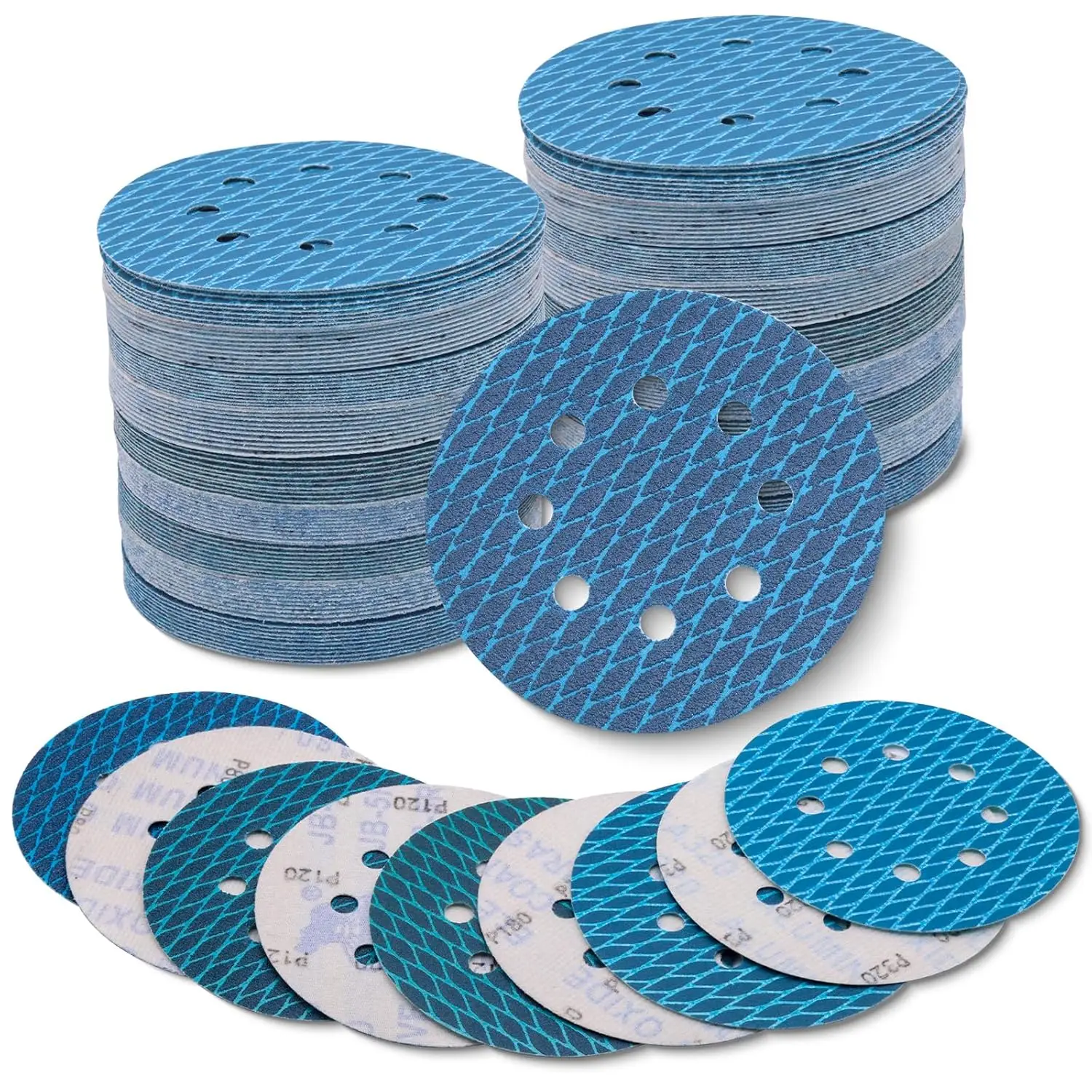 50 Pieces of 5-Inch 8-Hole Diamond-Shaped Sanding Discs with Adhesive Backing, Available in Grits 40/60/80/100/120/150/180/240/320, Hook-And-Loop Sanding Discs Suitable for Orbital and Random Orbital Sanders, Woodworking, Metalworking, Anti-Clogging and Dust-Proof Sanding Paper Discs